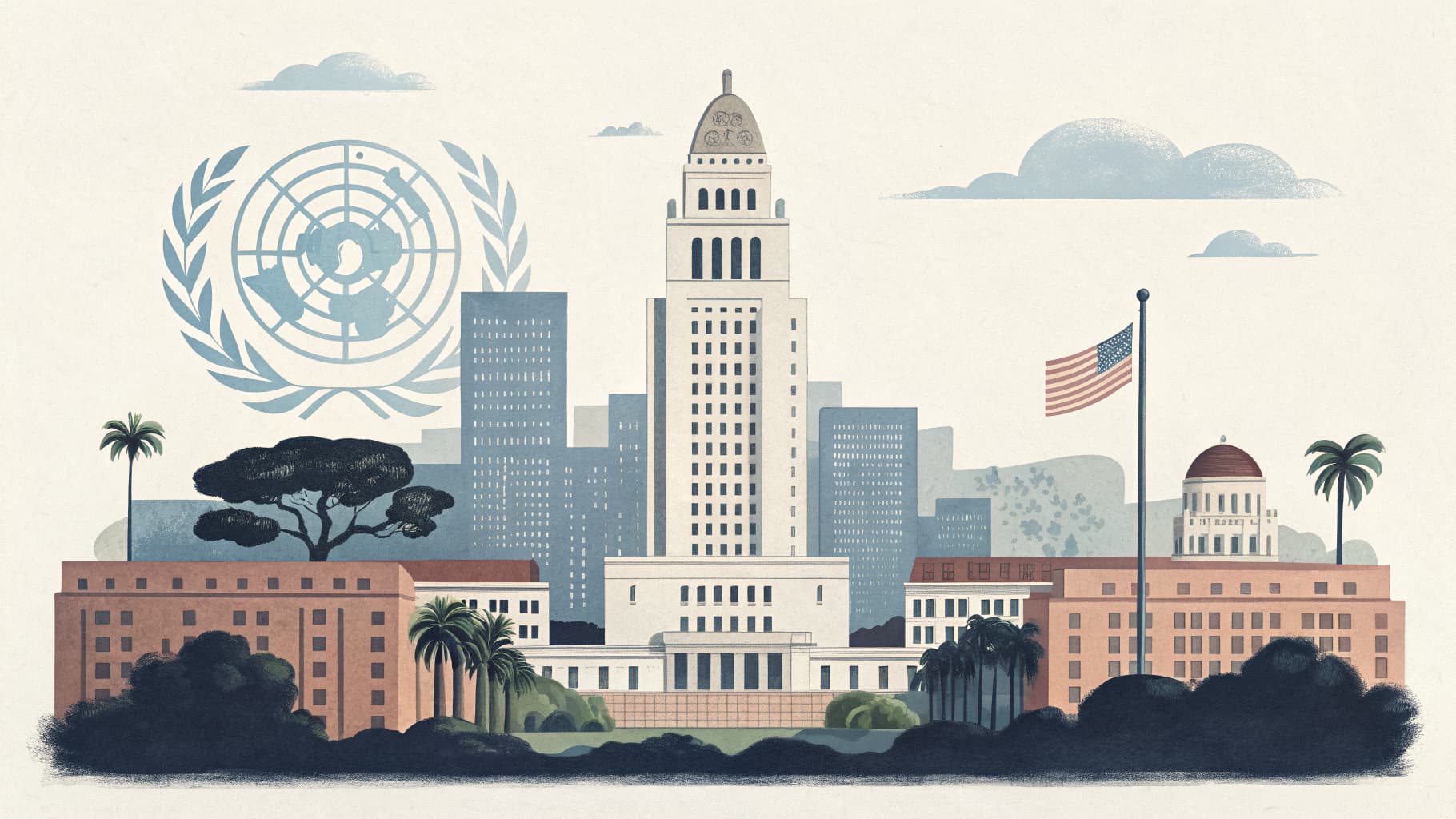 Mid-century illustration of civic buildings from City Hall to the UN