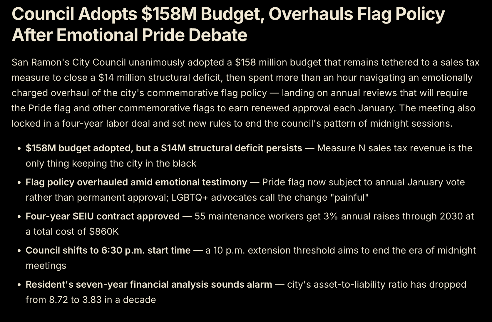 Locunity-generated news article summarizing a city council meeting